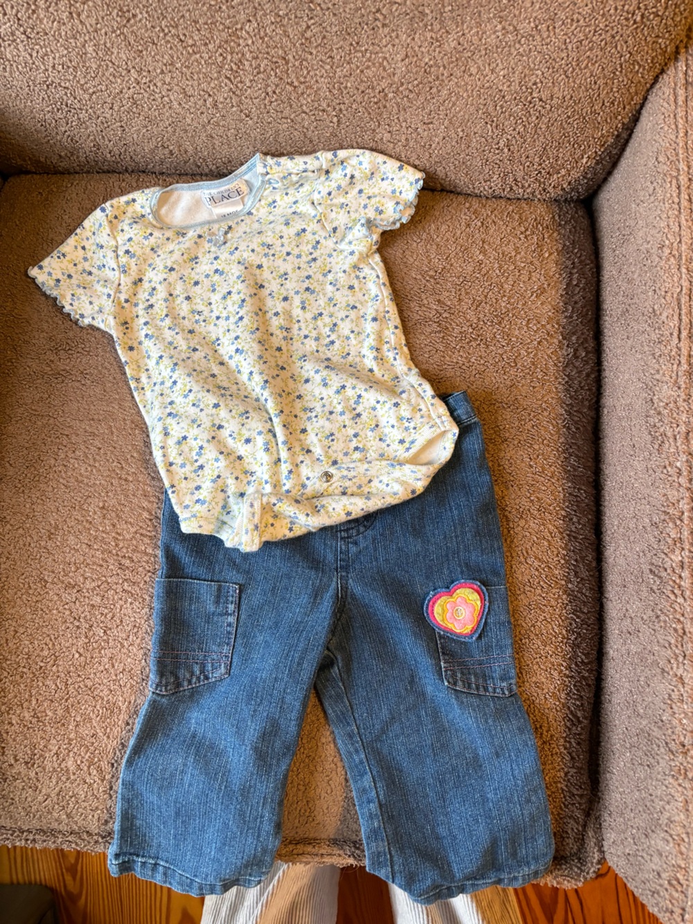 90s Baby Cream Floral Onesie with Blue Denim Pants